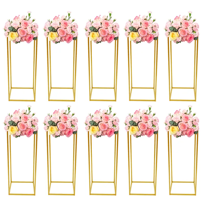 10pcs Modern Rectangle Gold Iron-Plastic Freestanding Flower Stands - 10kg High-Load Plastic-Enhanced, 24×24×60cm, 1×Hammer, Tabletop/Floor Use, Birthday Decoration, Home Party Decorations, Bridal Shower Supplies