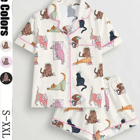 Women's Cat Print Pajama Set, Short Sleeve Button Front Top & Elastic Shorts, Casual Home Wear, Loungewear, Comfortable Sleepwear for All Seasons, Pjs, Printed Sleepwear Set, Casual Pajamas Outfit