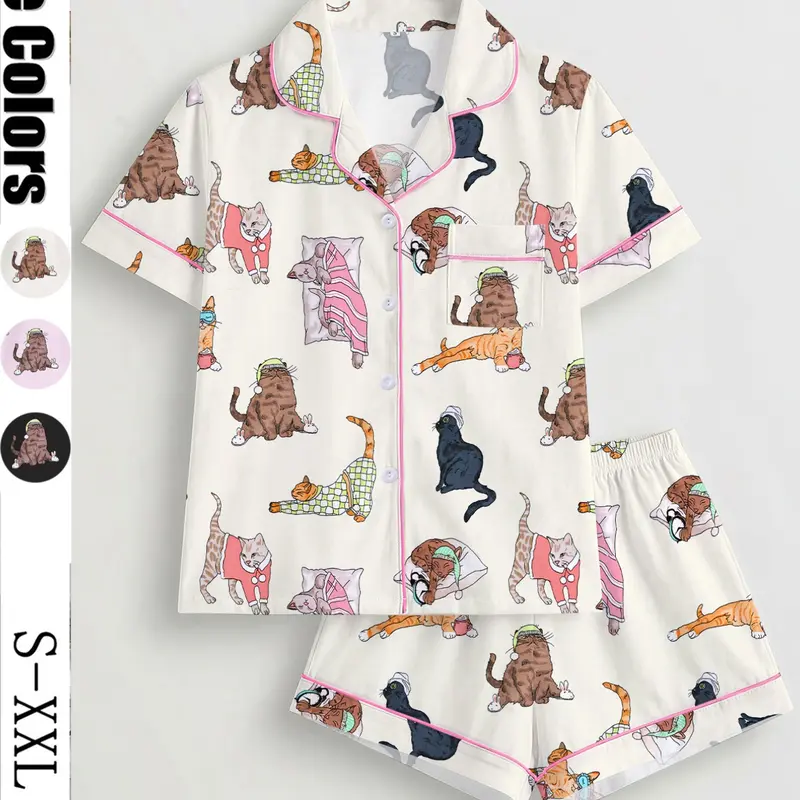 Women's Cat Print Pajama Set, Short Sleeve Button Front Top & Elastic Shorts, Casual Home Wear, Loungewear, Comfortable Sleepwear for All Seasons, Pjs, Printed Sleepwear Set, Casual Pajamas Outfit