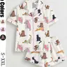 Women's Cat Print Pajama Set, Short Sleeve Button Front Top & Elastic Shorts, Casual Home Wear, Loungewear, Comfortable Sleepwear for All Seasons, Pjs, Printed Sleepwear Set, Casual Pajamas Outfit