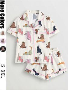 Women's Cat Print Pajama Set, Short Sleeve Button-Up Top & Elastic Shorts, Casual All-Season Sleepwear, Fashionable Home Wear Loungewear