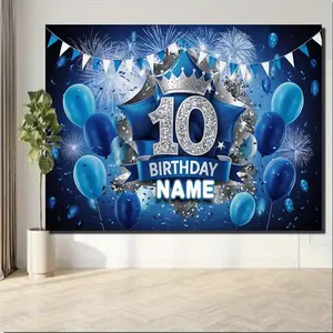 1PC,2D Flat Custom Name Blue 10th Birthday Backdrop, Balloon Firework Crown - Themed Party Decor Banner, Photo Background Wall for Kids & Adults' 10th Birthday Party Decoration Supplies