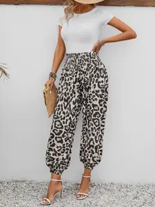 Leopard Print High-Waisted Harem Pants, Elastic Waist Cuffed Casual Pants, Y2K Street Style, Women's Summer Fashion