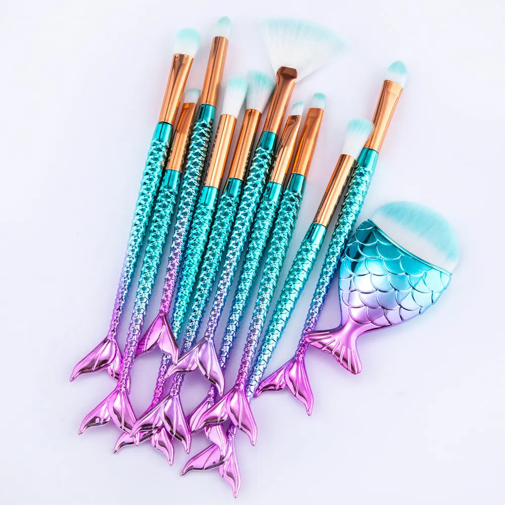 11pcs Makeup Brushes Kit Maquiagem Maquillaje New Mermaid Foundation Eyebrow Eyeliner Cosmetic Brushes Luxury Christmas Makeup Brush Set mermaid tail makeup brush