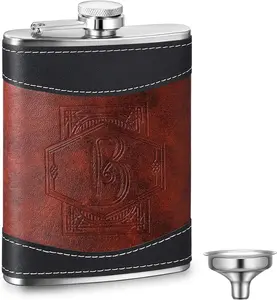 Personalized Groomsmen Flask 8 oz Stainless Steel Monogram  Flask for Men Leather Christmas Birthday  for Dad Grandpa Wedding(Letter B)