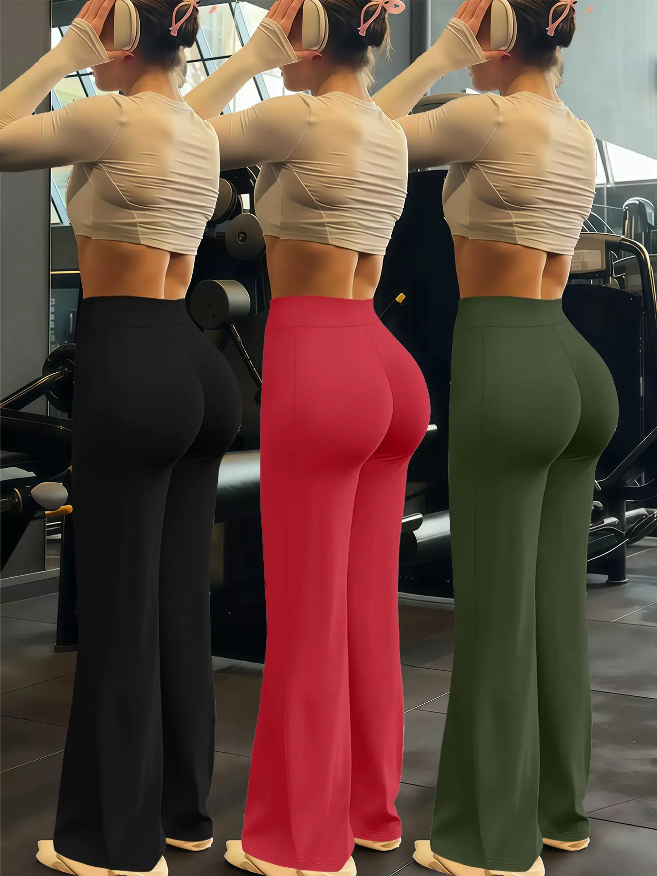 3-Piece Casual Women's Trouser Set, Stylish Women's Flared Yoga Trouser Set, Suitable for Everyday Wear, Sports trousers, Yoga Bottoms, Athleisure Pants, All Season Activewear
