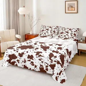 Cow Fur Print Bed Sheets White Brown Cowhide Sheet Set for Kids Boys Room Decor Animal Skin Print Flat Sheet Farmhouse Cow Print Fitted Sheet