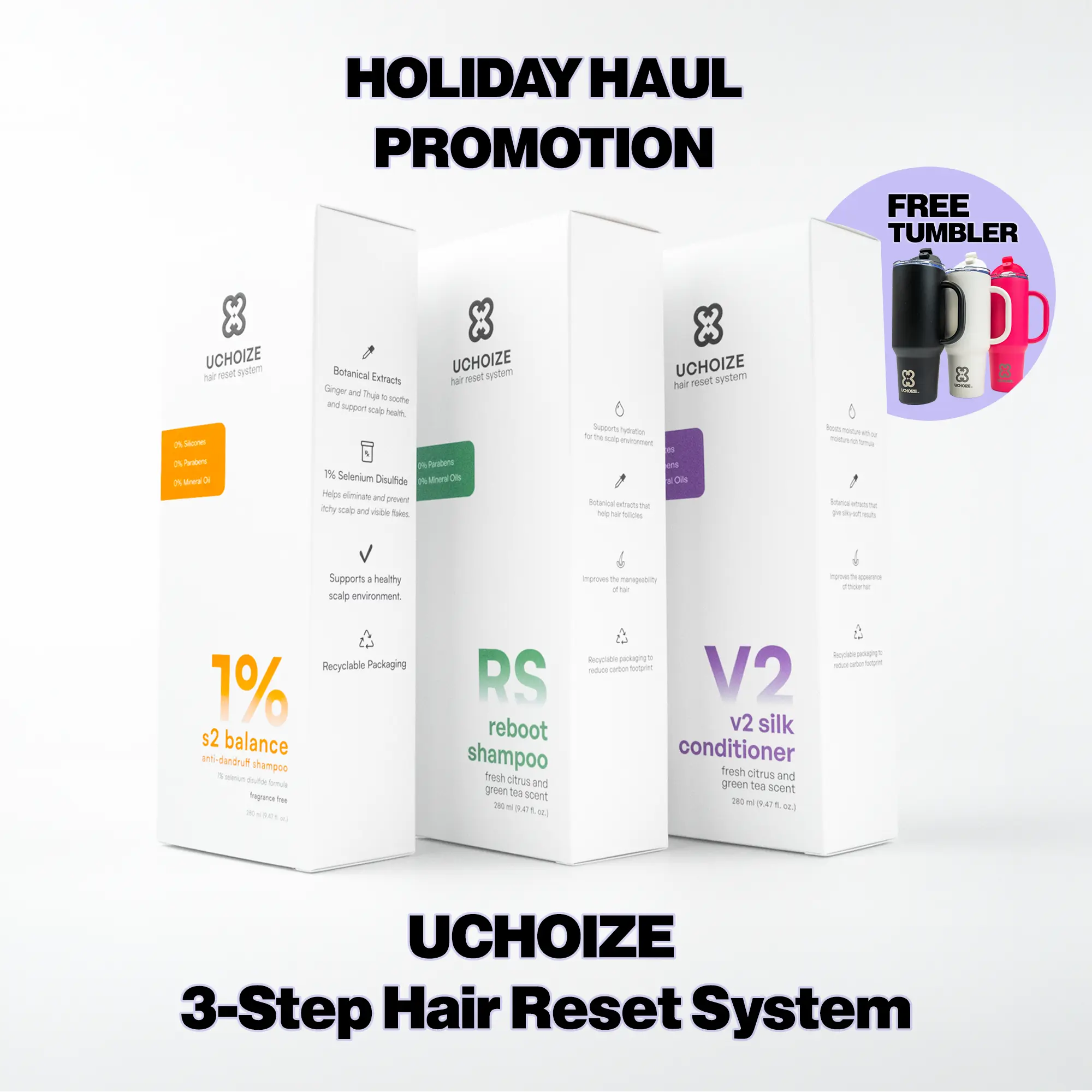 UCHOIZE 3-Step Hair Reset System | Anti-Dandruff Shampoo with 1% Selenium Disulfide + Clarifying Shampoo + Silicone-Free Conditioner | Scalp Care System for Flakes, Itchy Scalp, Oil Control, Frizz-Free, Fresh Citrus & Green Tea Scent, 280ml Each