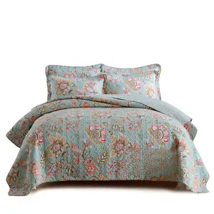 American Country Double Sided Quilted Bedspread Washed Cotton Plant Print Summer Coverlet Set