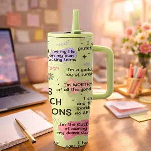 1pc 40oz Funny Quote Tumbler with Handle, Stainless Steel Insulated Travel Mug, Leakproof Cup with Foldable Straw, Motivational Affirmation Coffee Tumbler for Water, Iced Drinks, Car Use, Gift for Women