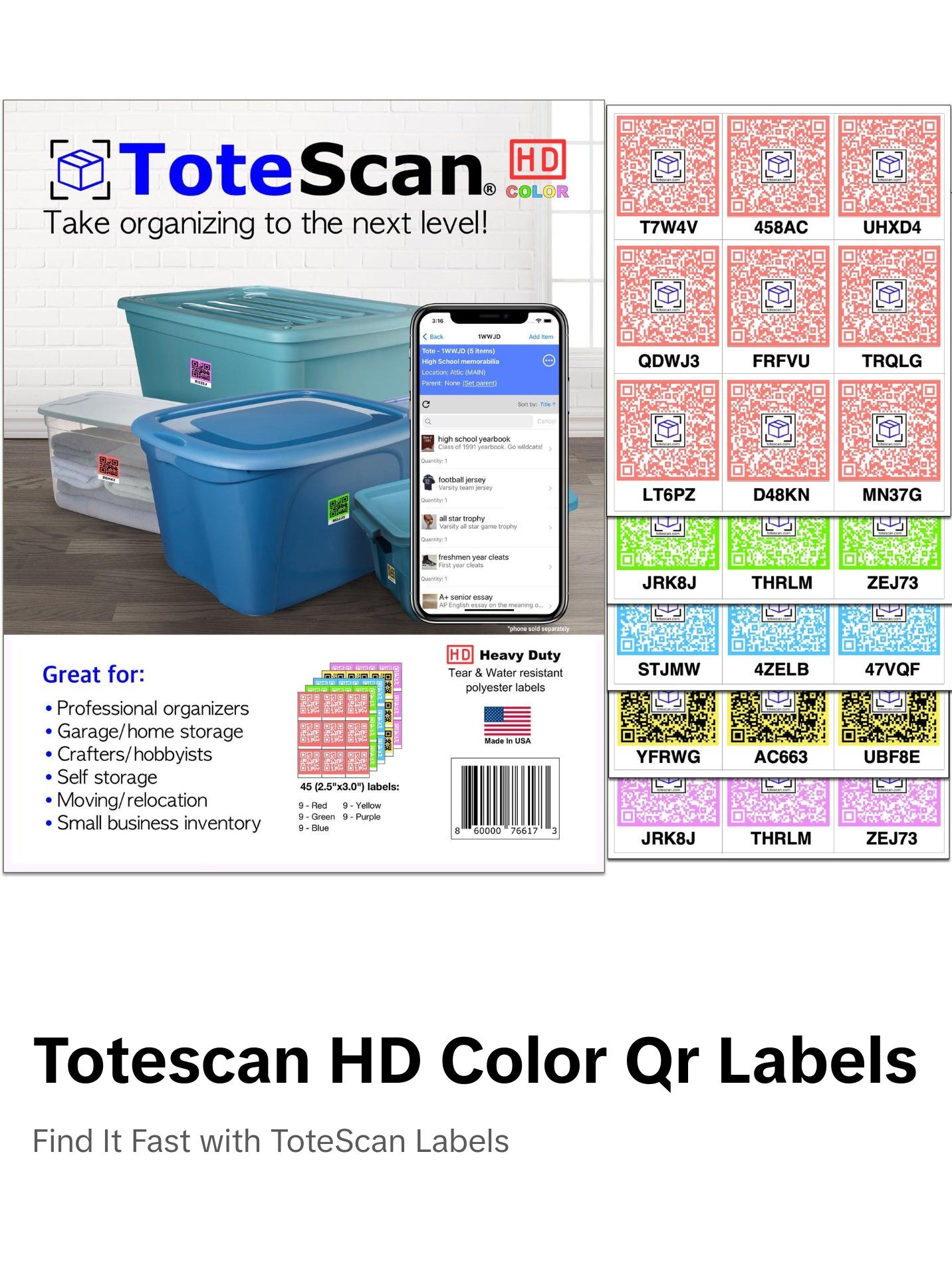 ToteScan HD Color (Heavy Duty) Intelligent QR Labels for Organization/Moving/Storage (45 Unique Labels, 2.5"x3")