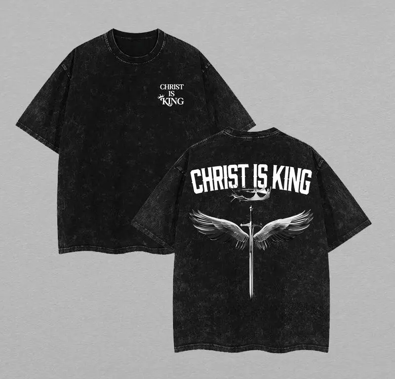 Men's Casual Vintage Distressed Round Neck Short-Sleeve Christ Is King Christian Washed T-Shirt - Festive Religious Apparel for Gym, Streetwear (Valentine, Easter Themes) Unisex Oversized Top