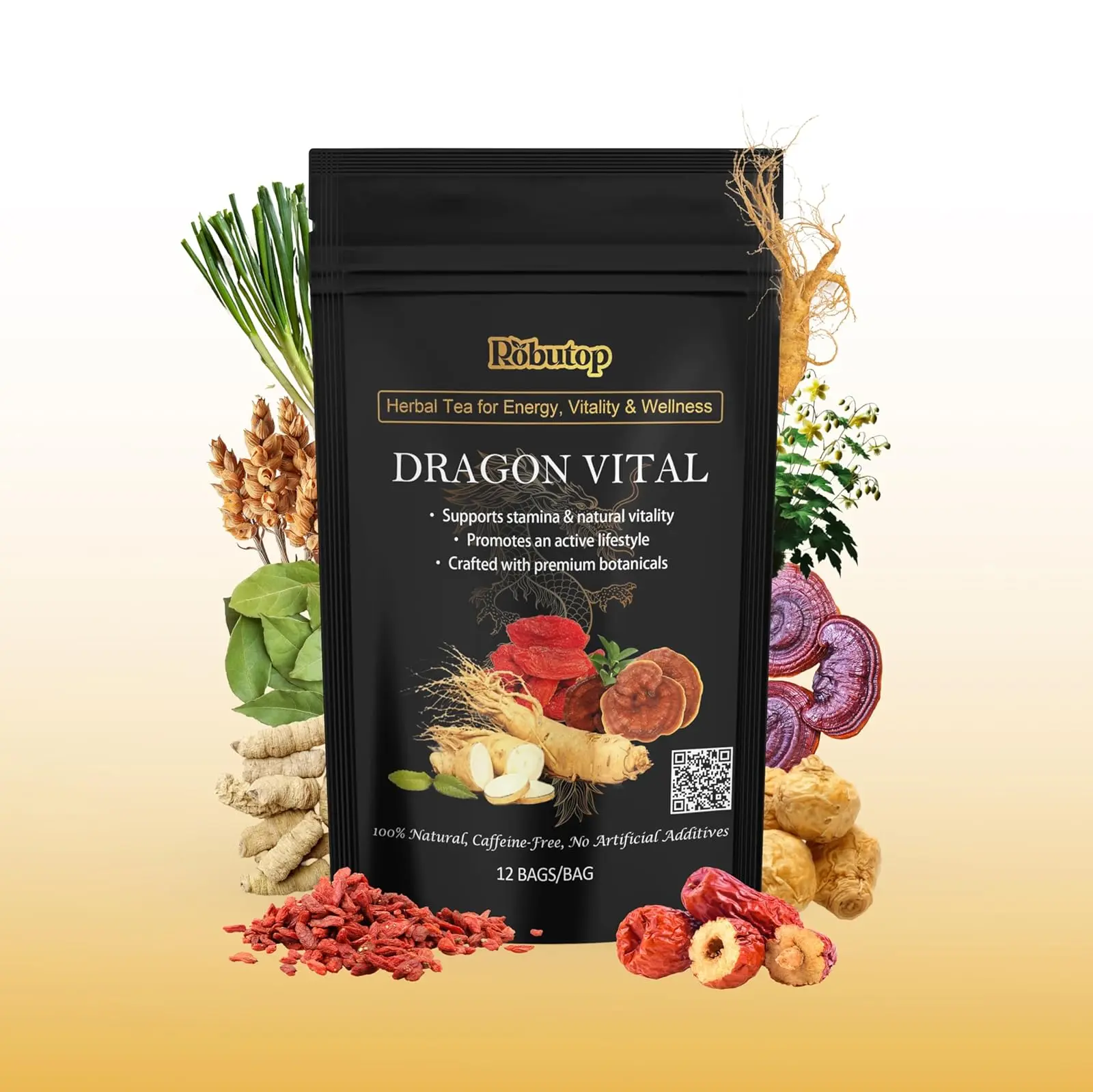 Dragon Vital Herbal Tea with Ginseng & Maca – Natural Energy Support | Caffeine-Free Botanical Blend for Vitality & Active Living | All natural - NON-GMO & No Preservatives |12 Tea Bags | by Robutop
