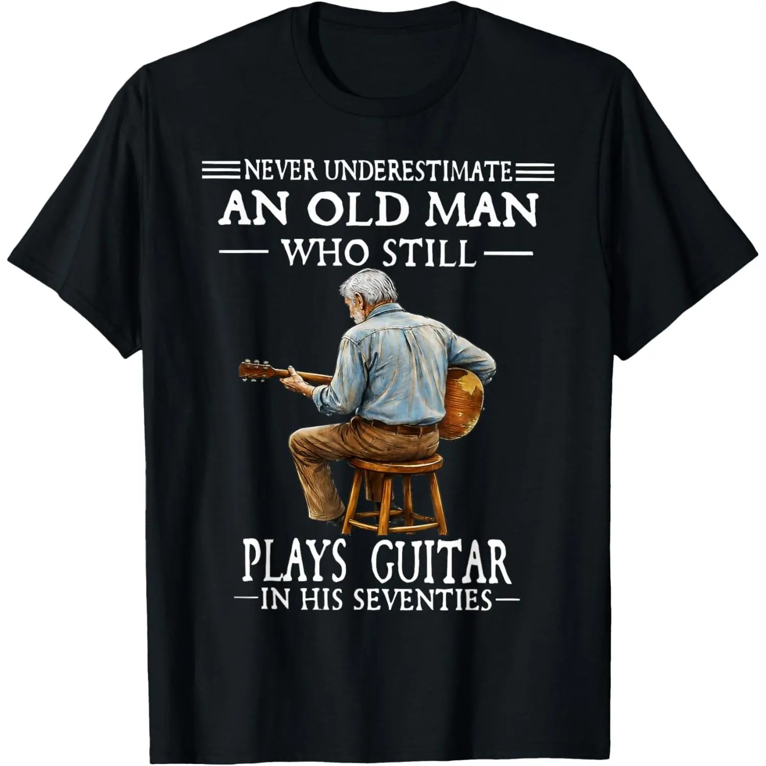 Men's 'Never Underestimate' Funny Guitar Graphic T-Shirt, Casual Vintage-Style Cotton Top with a Round Neck and Short Sleeves