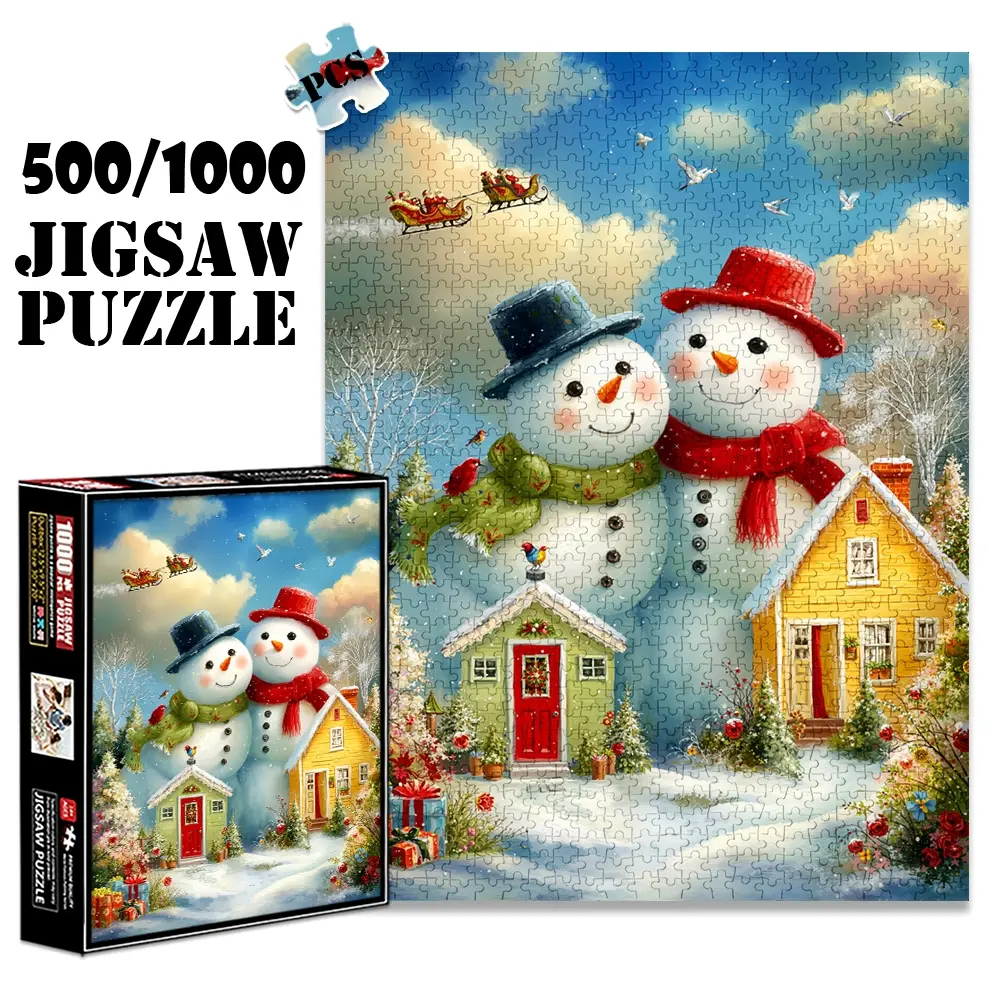 1pc 1000 piece adult puzzle 70x50cm Snowmen, Sleigh - flying Santa, Houses and Gift - filled Winter Scene 500 pieces of paper jigsaw puzzle, suitable for adults and families, large-scale DIY p Art Puzzles
