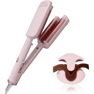 Waver Curling Iron Hair Crimper, Ionic Deep Waver Hair Curler Tool, Beach Waver Curling Wand, 2 in 1 straightener and curler with Ceramic 3 Barrel for Women, Dual Voltage, Anti-Scald, 1.25 Inch (Pink) Comfort