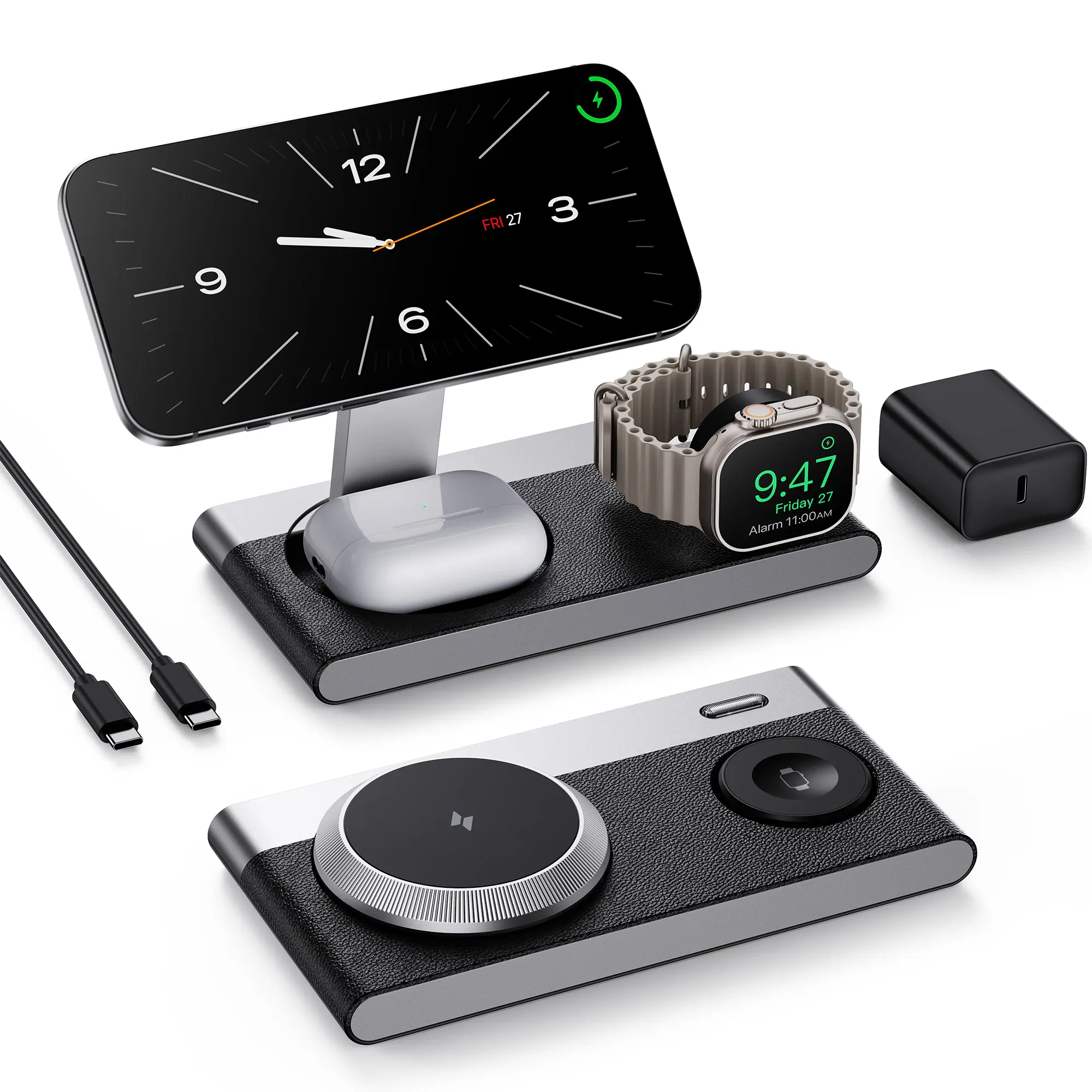 Foldable 3 in 1 Magnetic Wireless Charging Station for Apple Devices, Leather-Like Fast Wireless Charger Dock with Night Light for Magsafe iPhone 17/16/15/14/13/12 Series, Apple Watch, AirPod