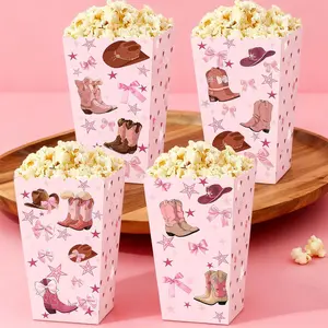 LaVenty 12 PCS Pink Cowgirl Popcorn Boxes Western Themed Party Decorations for Cowgirl Birthday Baby Shower Gifts 3.5x6.1x2.4 Inches Safe Sturdy Paper Adorable Designs with Star Bow Cowboy Hat and Boot