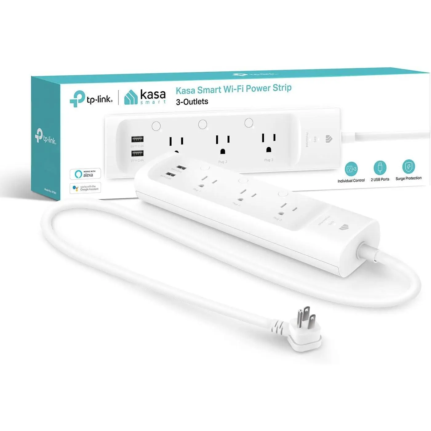 kasa smart Plug Power Strip KP303, Surge Protector with 3 Individually Controlled Smart Outlets and 2 USB Ports, Works with Alexa & Google Home, No Hub Required , White | Surge Protector with 3 Individually Controlled Smart Outlets and 2 USB Ports