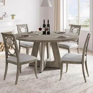 47 Inch Round Dining Table for 4-6 People, Circle Dinner Table with Wooden Cross Pedestal Base, Farmhouse Kitchen Furniture for Dining Room, Living Room, Kitchen (Table Only)