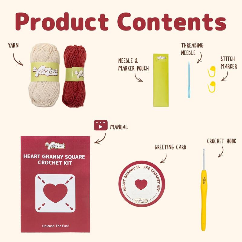 Crochet Kit for Beginners Granny Square Starter Kit Knitting Kit for Adults & Teens Including Yarn Crochet Hook Heart Design