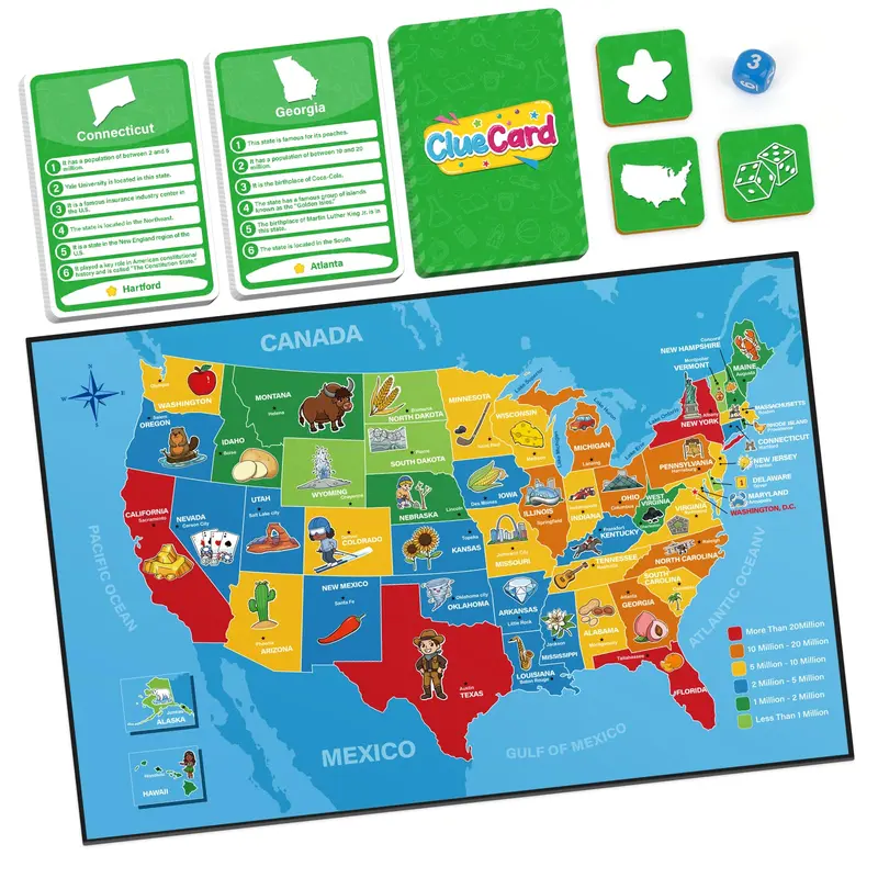 Geography Games of 50 States - Learn State Capitals & Historic Facts, Tablegame Family Wooden Board Interactive US Memory Matching Game, Group Study Sessions & Trivia Critical Thinking