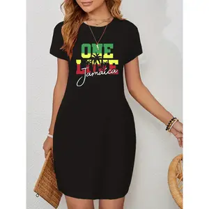Casual Short-Sleeve Summer Dress for Women in Black Featuring The "Onelovejamaica" Pattern, Rasta Colors, And a Leaf Design. It Has a Loose Round Neck, an Elastic Waistband, And Is Machine Washable, Making It a Comfortable Choice for Tropical Styles