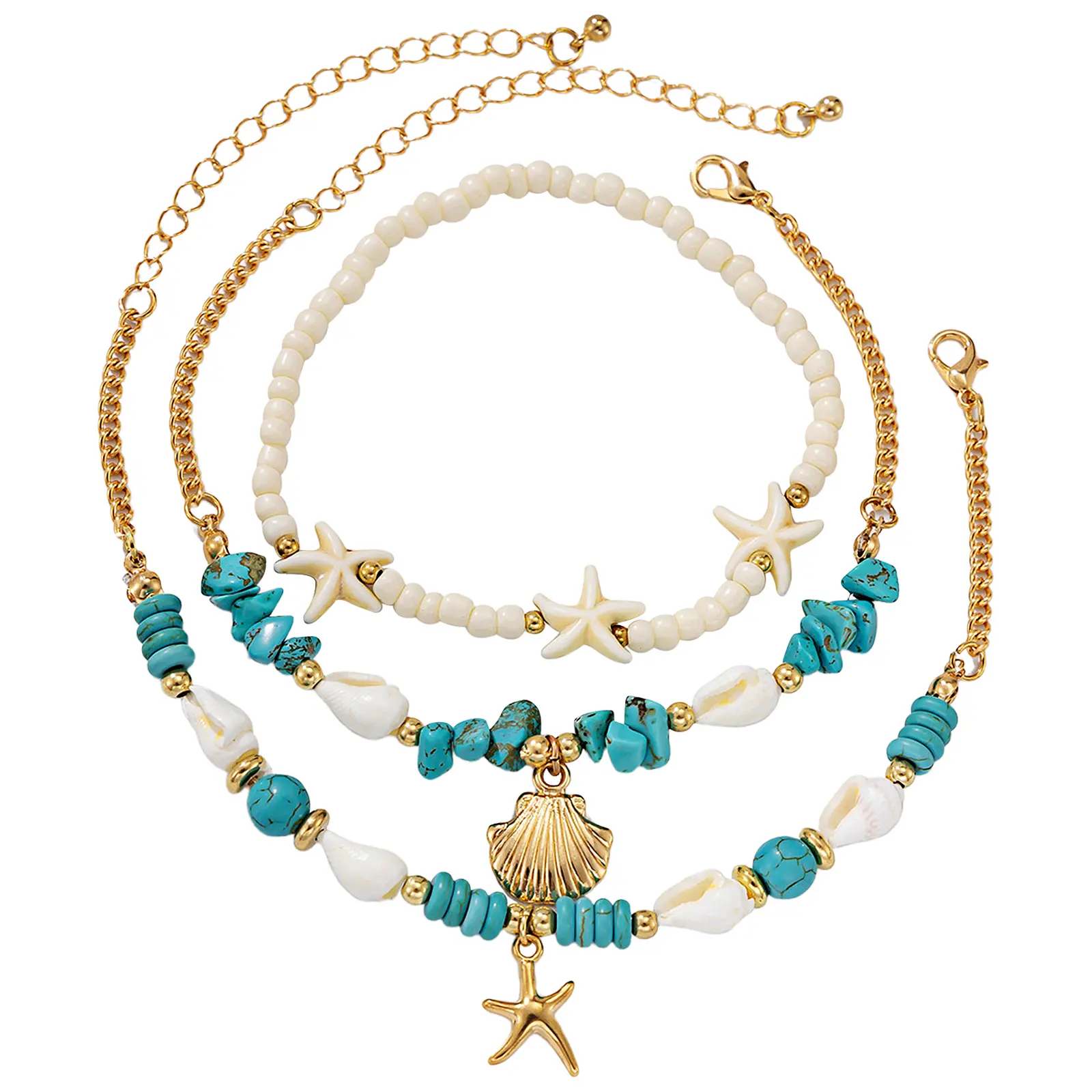 OIDEA Female 3-Pcs Boho Anklets Set - Adjustable Layered Stack, Ocean Theme Costume Jewelry with Metal Coating, Starfish Motif, Shell Pendants, Turquoise Mix Beads for Beach Vacation summerwins
