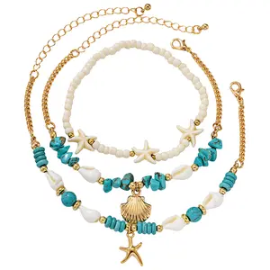 OIDEA Female 3-Pcs Boho Anklets Set - Adjustable Layered Stack Ocean Theme Costume Jewelry with Metal Coating, Starfish Motif, Shell Pendants, Turquoise Mix Beads for Beach Vacation