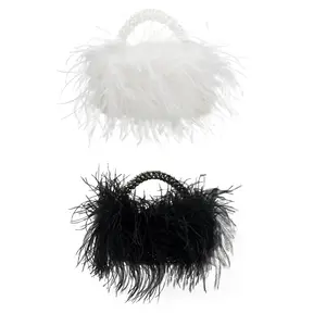 EMiuco Real Natural Ostrich Feather Beaded Handbags For Women Handmade Evening Bags Clutch Purse