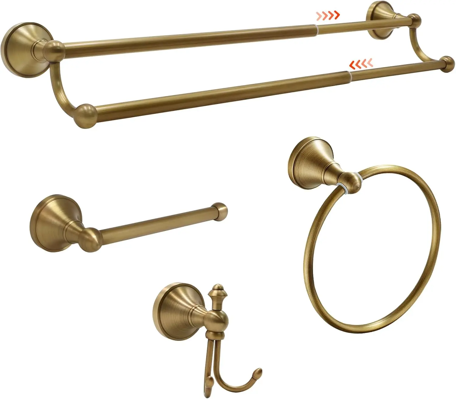 4 Piece Antique Brass Bathroom Accessories Set - 16"-27.7" Solid Brass Towel Rack, Double Vintage Towel Bar - Wall Mounted Antique Gold Bathroom Hardware