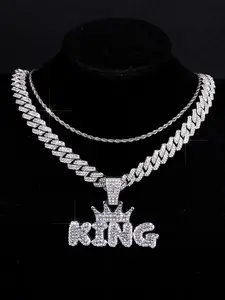 Fashion Charm Letter King & Queen Crown Pendants, High Quality Iced Sparkling Cuban Chain Necklace Set, Daily Wear Jewelry