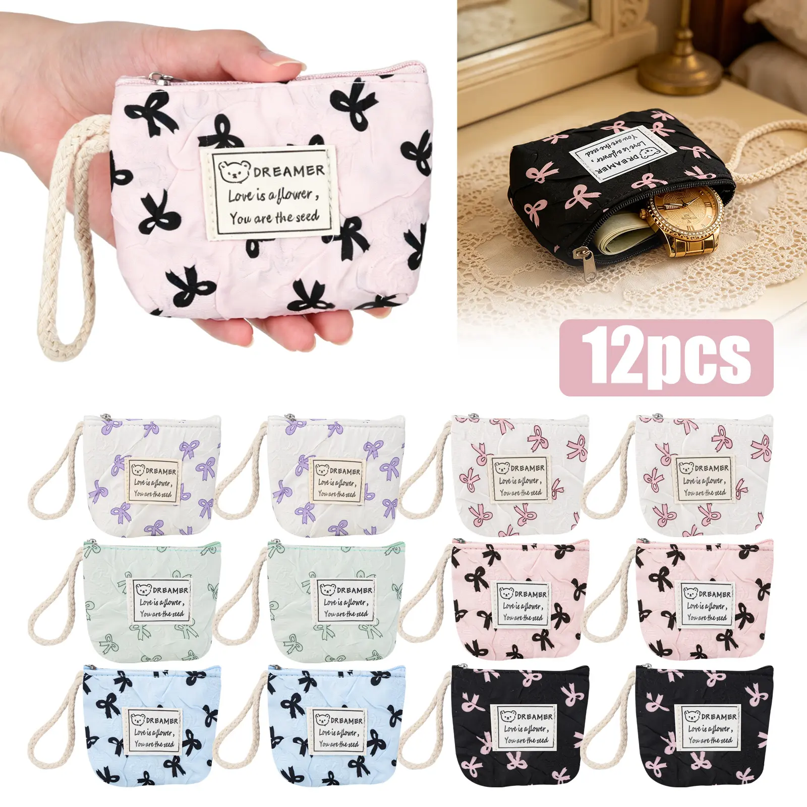 12Pcs Bowknot Zipper Coin Purses - Small Change Purse for Women Girls,Washable Card Holder Wallet,Mini Pouches Storage Bag for Keys,Rings, Necklace, Jewelry