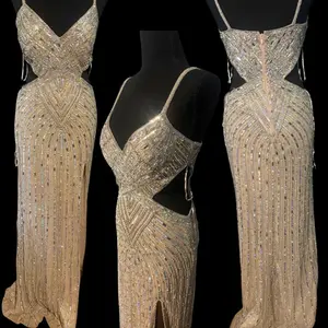 Melissa Dress - Elegant Beaded Evening Gown with V-Neck and Strappy Design for Formal Events