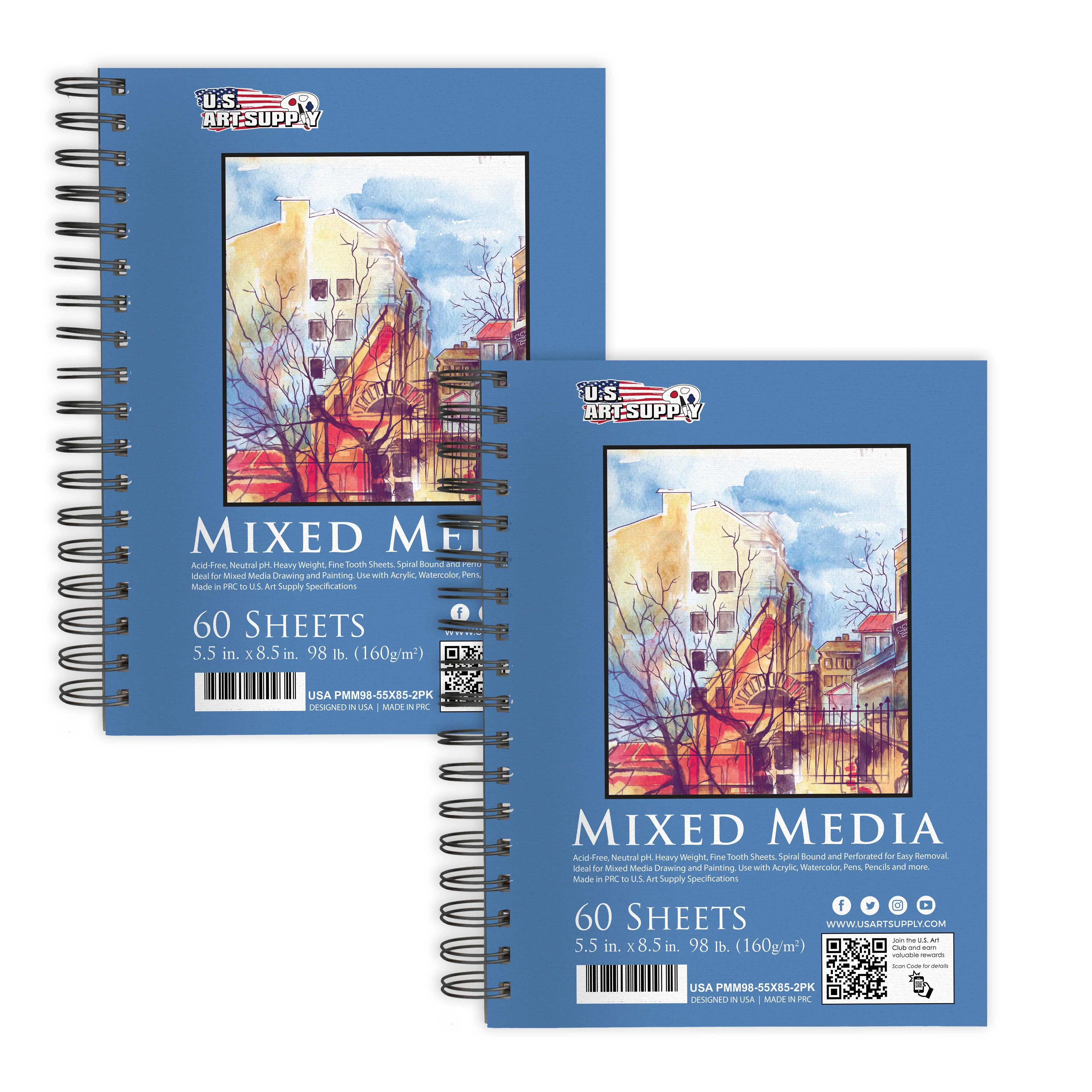 5.5 x 8.5" Mixed Media Sketchbook, 2 Pack (60 Sheets), 98 lb (160 gsm) - Spiral-Bound Pad with Perforated Acid-Free Paper - Artist Sketch Book For Drawing, Painting, Watercolor