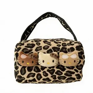 Leopard Print Leather Cat Makeup Bag, Vintage Style Large Capacity Portable Women's Commuter Travel Storage Bag