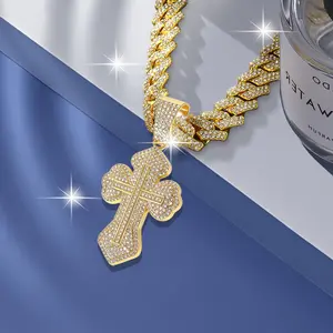 Unisex Cross Style Cuban Link Necklace Iced Out Double Layer Pendant Hip Hop Streetwear Jewelry Sparkling Chain for Daily and Party Wear