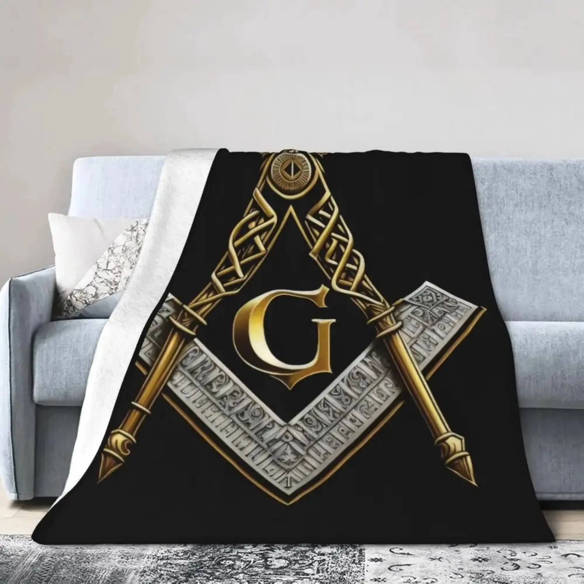 Masonic Square and Compass Gold Symbol Flannel Throw Blanket, Black Background Single Sided Print Soft Lightweight Freemason Decor Blanket for Sofa Bedroom