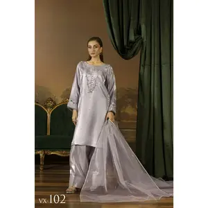 Silver Grey Embellished Silk Farshi Shalwar Suit - Farshi Bahaar by Mona FBM4