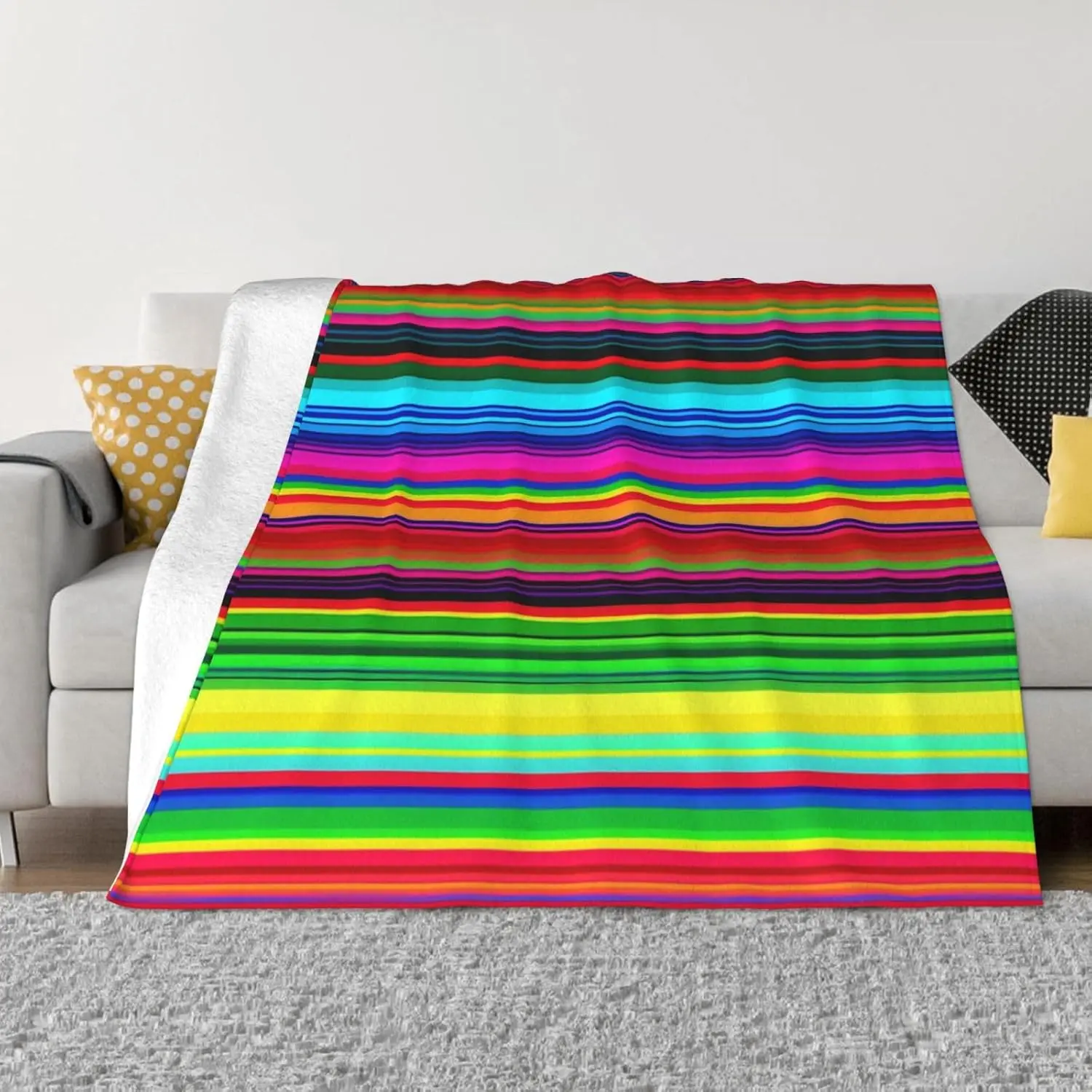 Colorful Mexican Stripes Throw Blanket 80"x60" Flannel Fluffy Warm Blanket for Couch, Reversible Plush Blankets for Bed, Comfy Fuzzy Blanket for Sofa, Plush Lightweight-Blankets for All Season