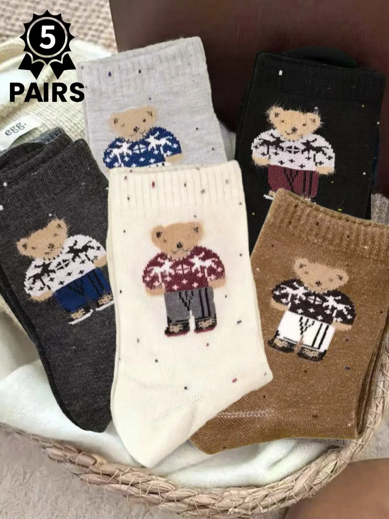 5 pairs of adorable cute bear-print mid-calf casual daily warm socks, animal pattern, couple's set, Sock Sets, unisex, fall/winter style, Polyester Socks