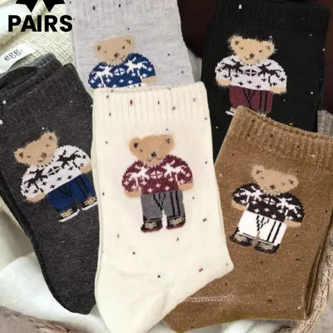 5 pairs of adorable cute bear-print mid-calf casual daily warm socks, animal pattern, couple's set, Sock Sets, unisex, fall/winter style, Polyester Socks