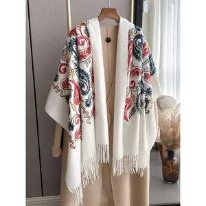 Women's Floral & Leaf Embroidery Tassel Decor Shawl, 2024 New Style Casual Elegant Floral Print Scarf for Fall & Winter, Fashion Accessories for Women & Girls