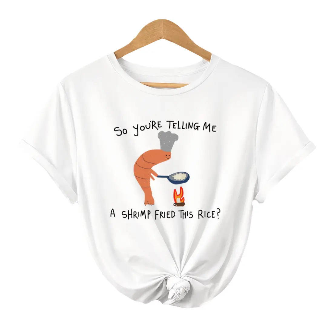 Elegant Women's Short-Sleeve Vintage Style Shrimp Fried Rice Fun Cartoon Print, Breathable and Comfortable Fabric, Spring/Summer Women's Clothing, Daily Outings, Casual, Sports, Photoshoot Trendy Item, Versatile for Multiple Scenes
