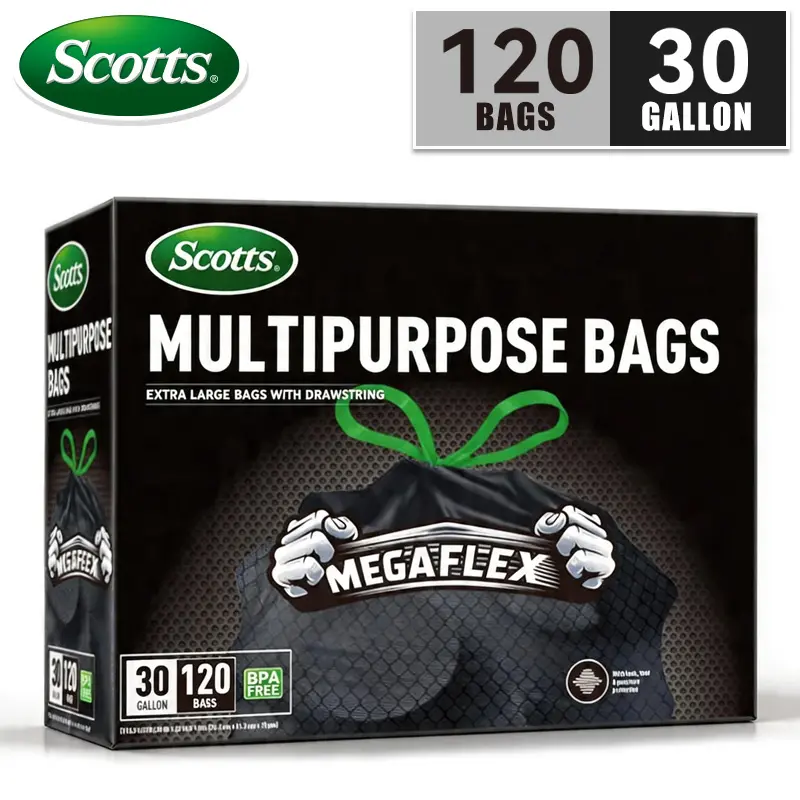 Scotts 30 Gallon Boxed Disposable Non Tear Black Large Drawstring Trash Bags, For Large Kitchen Trash Can, Ultra Strong 113.5L Multipurpose Cleaning Supplies For Industrial, Garden, Home, Commercial - Durable, Leak-Proof, Easy To Use Garbage Bags