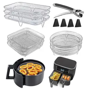 3-Layer Square Round Rectangle Air Fryer Rack Set Stainless Steel Dehydrator Rack with 4 Silicone Feet Anti-Scald Clip Stackable Air Fryer Accessories for Baking Cooking Drying Compatible with 5-7.5L Air Fryers