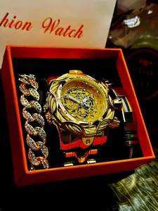 Men's Punk Style Watch & Bracelet Set, Fashion Round Dial Analog Quartz Watch & Chain Bracelet, Trendy All-match & Exquisite Watch Set for Birthday Gift Wristwatch Set