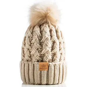 PAGE ONE Womens Winter Ribbed Beanie Crossed Cap Chunky Cable Knit Pompom Soft Warm Hat