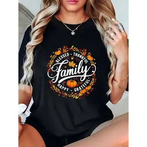 Women's Thanksgiving Family Graphic T-Shirt, Pumpkin & Autumn Leaves Print, Blessed Thankful Happy Grateful, Casual Fall Outfit for Family Gatherings, Black 100% Cotton T-shirt