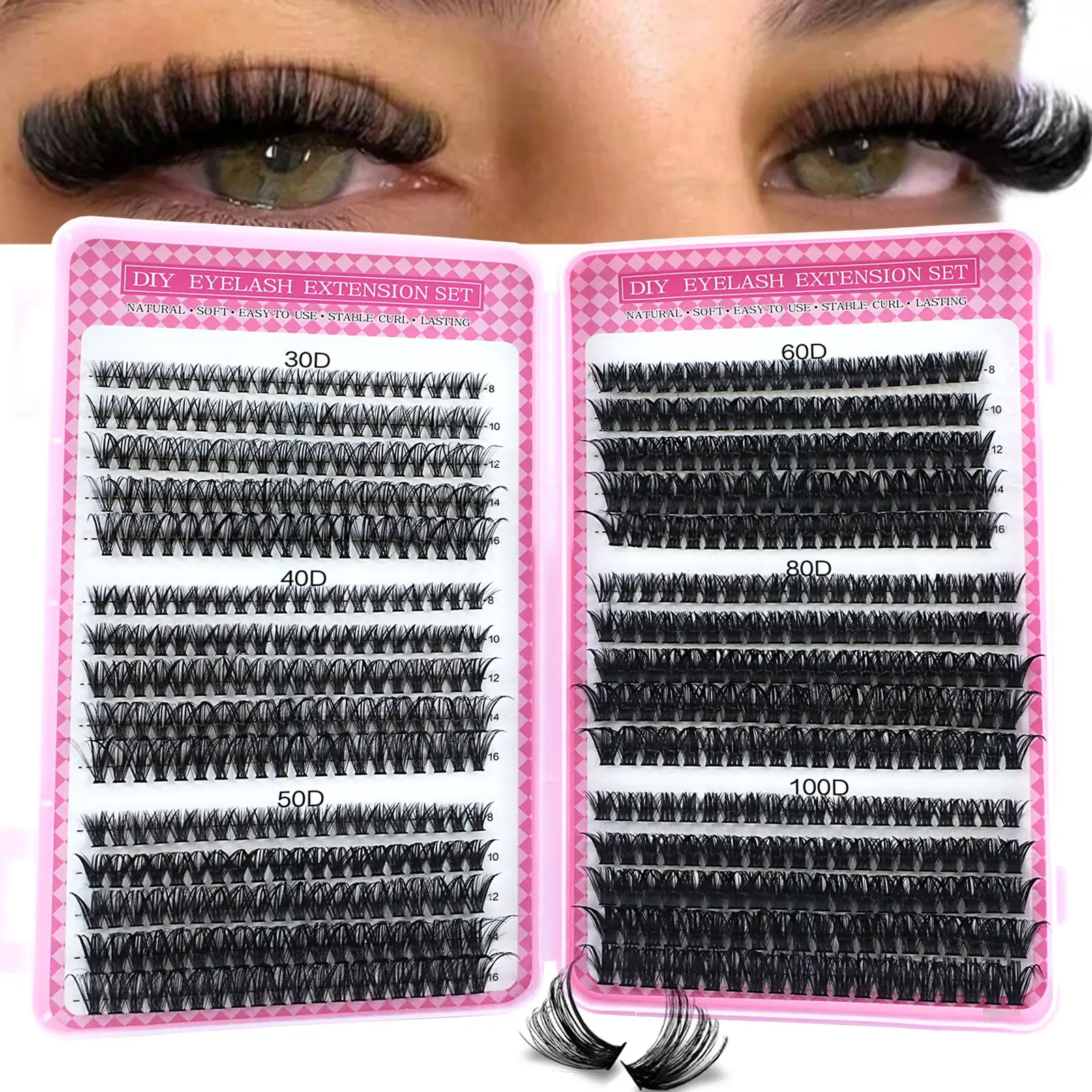Large-Capacity False Eyelash Set, 30D/40D Long Tufted Eyelash Kit, Eyelash Cluster Extensions, Soft Cluster Eyelashes, Cosmetic False Lashes, D Curl, Mixed Length, Reusable, Gifts for Festivals and Dates